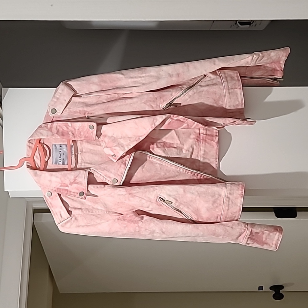 Light denim tie dyed motorcycle jacket